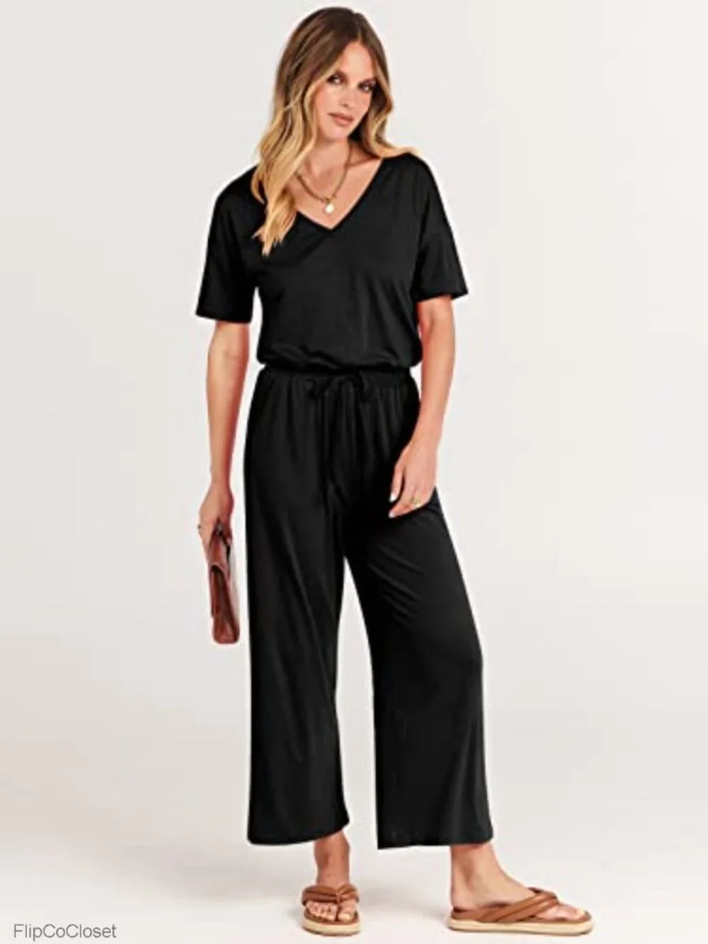 Women's Casual Wide Leg Cropped Jumpsuit V Neck Short Sleeve Romper with Pockets
